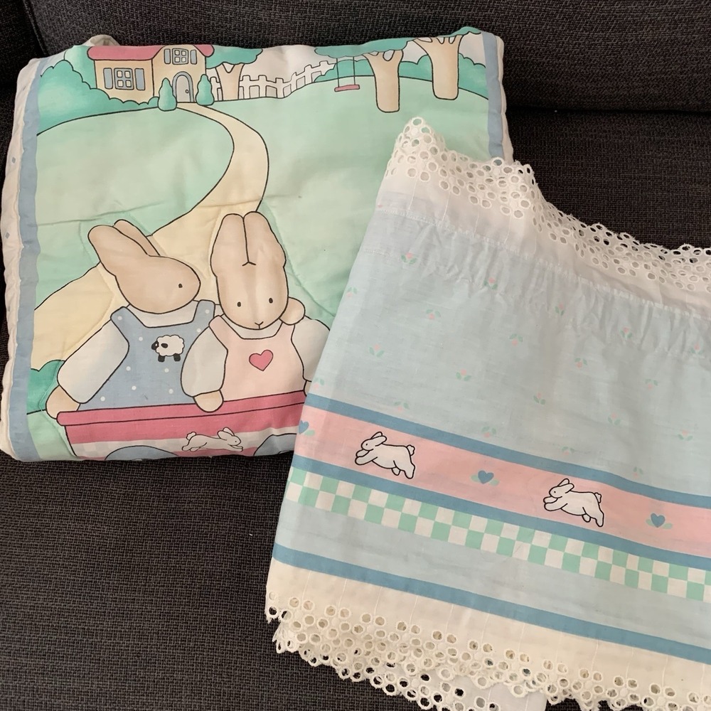 VTG 90s Daisy Kingdom Honey Bunny Crib Comforter With Valance‎